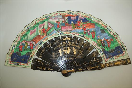 A Chinese export 100 faces fan, 19th century, 28cm, repairs